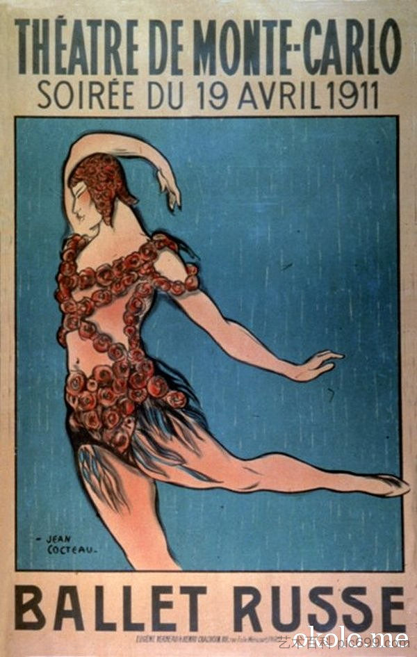 1911年俄罗斯芭蕾舞季的海报,尼金斯基穿着《玫瑰幽灵》的服装 Poster for the 1911 Ballet Russe season showing Nijinsky in costume for 'Le Spectre de la Rose' (1911),让·谷克多