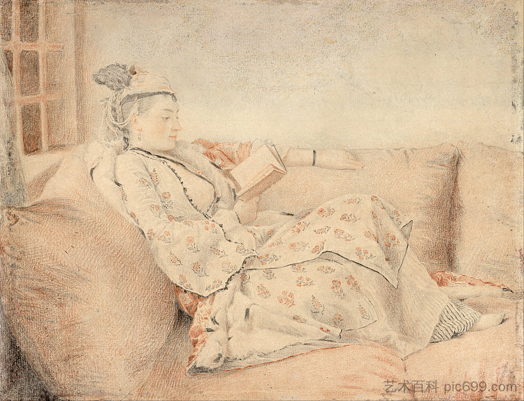 穿着土耳其礼服的女士，正在阅读 Lady in Turkish dress, reading (c.1740 - 1742)，让-艾蒂安·利奥塔尔