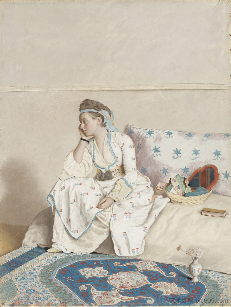 艺术家的妻子玛丽·法格斯（Marie Fargues）身着土耳其服装的肖像 Portrait of the artist’s wife, Marie Fargues, in Turkish dress (c.1756 - c.1758)，让-艾蒂安·利奥塔尔