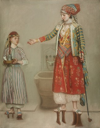 一位穿着土耳其服装的女士和她的仆人在土耳其浴室 A lady in Turkish costume with her servant at the hammam，让-艾蒂安·利奥塔尔