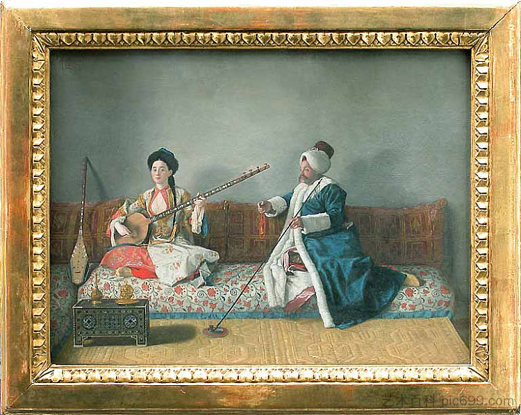 莱维特先生和格拉瓦尼小姐身着土耳其服装 Monsieur Levett and Mademoiselle Glavani in Turkish Costume (1740)，让-艾蒂安·利奥塔尔