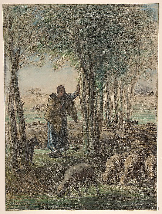 树荫下的牧羊女和她的羊群 A Shepherdess and Her Flock in the Shade of Trees (c.1855; France  )，让·弗朗索瓦·米勒