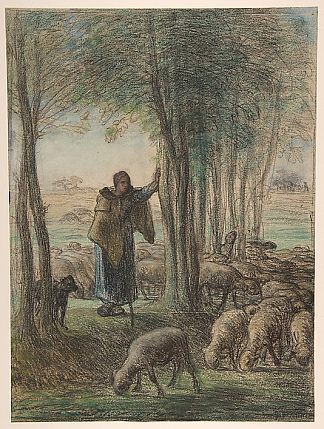 树荫下的牧羊女和她的羊群 A Shepherdess and Her Flock in the Shade of Trees (c.1855; France                     )，让·弗朗索瓦·米勒