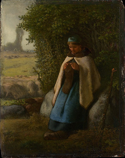 坐在岩石上的牧羊女 Shepherdess Seated on a Rock (1856; France  )，让·弗朗索瓦·米勒