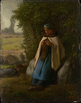 坐在岩石上的牧羊女 Shepherdess Seated on a Rock (1856; France                     )，让·弗朗索瓦·米勒