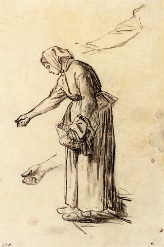 为喂鸡的女人学习 Study for a Woman Feeding Chickens (c.1850 – 1859)，让·弗朗索瓦·米勒