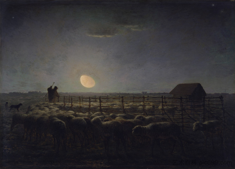 羊圈，月光 The Sheepfold, Moonlight (c.1860; France  )，让·弗朗索瓦·米勒