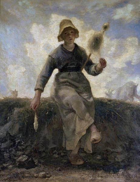 纺纱工,奥弗涅的牧羊人 The Spinner, Goatherd of the Auvergne (1869; France ),让·弗朗索瓦·米勒