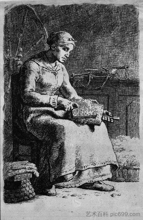 女士梳理羊毛 Woman Carding Wool (c.1855),让·弗朗索瓦·米勒