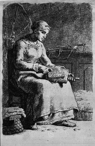 女士梳理羊毛 Woman Carding Wool (c.1855)，让·弗朗索瓦·米勒