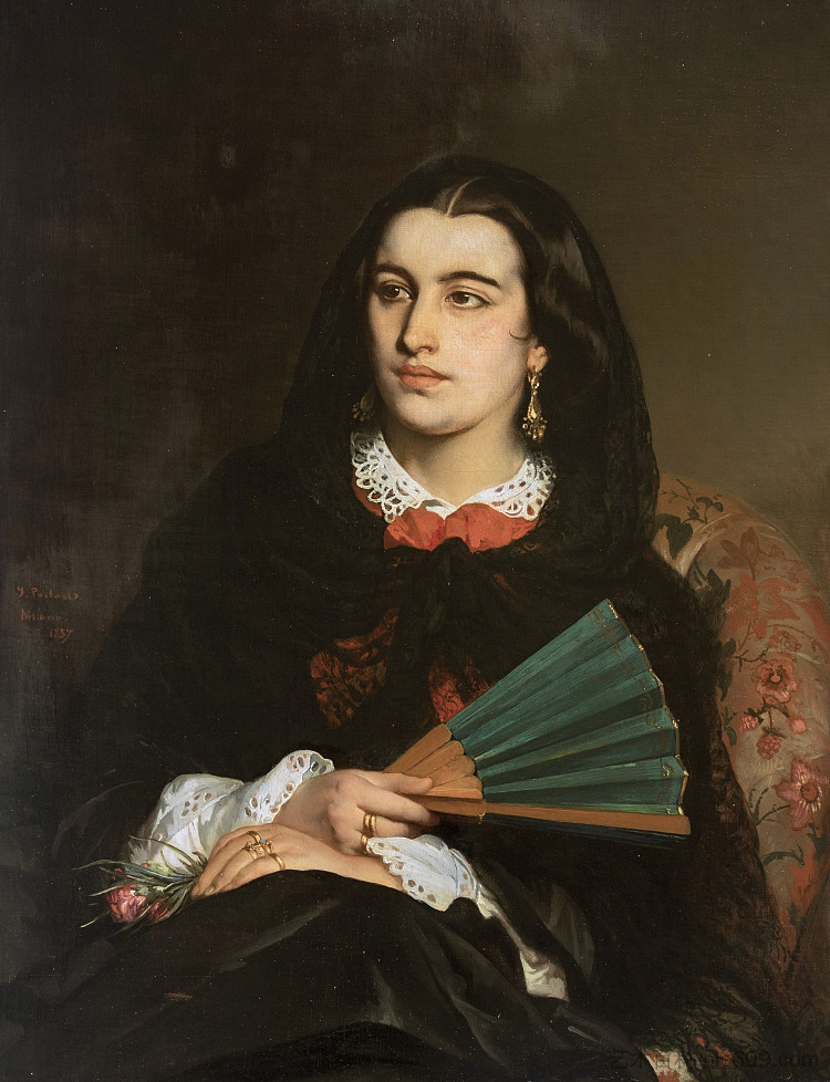 拿着扇子的米兰女士 Milanese lady with a fan (1857; Milan,Italy  )，让-弗朗索瓦·波塔尔斯