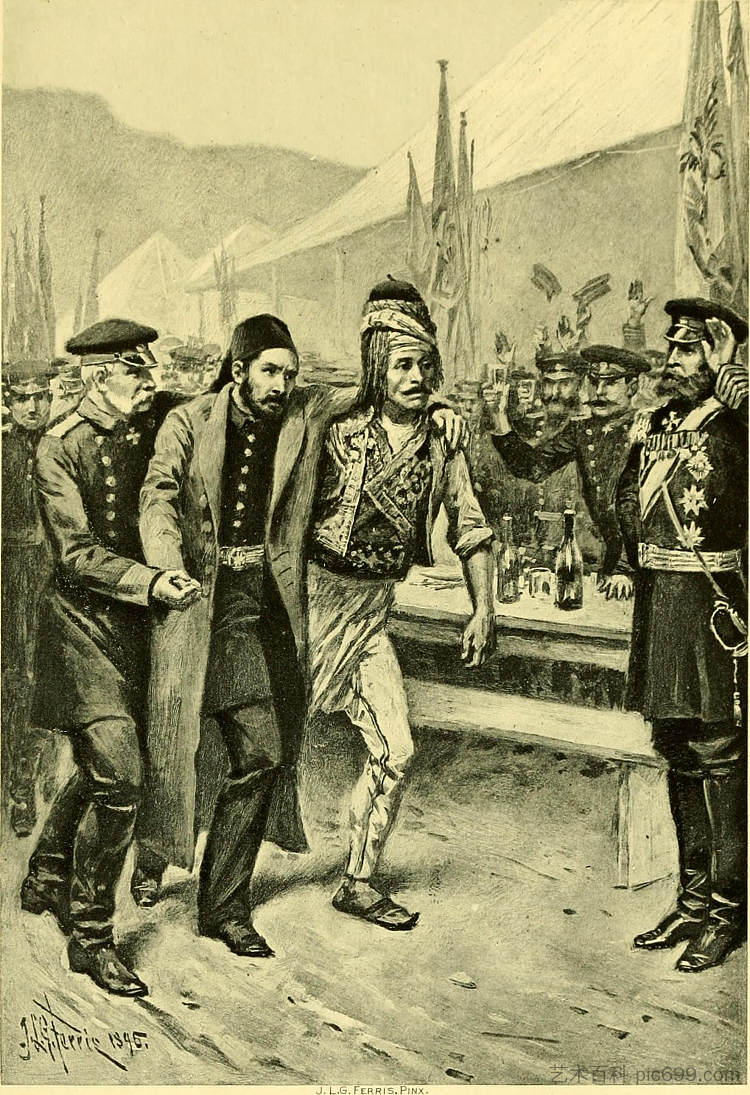 奥斯曼帕夏被带到普列夫纳的斯科别列夫 Osman Pasha Brought to Skobelev in Plevna (1895)，让·莱昂·杰罗姆·费里斯