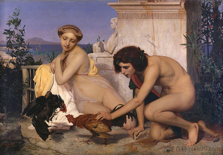 参加斗鸡的年轻希腊人 Young Greeks Attending a Cock Fight (1846; France  )，让·莱昂·热罗姆