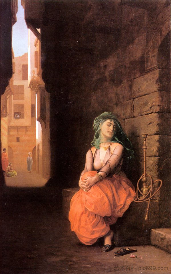 阿拉伯女孩与水管 Arab Girl with Waterpipe (1873)，让·莱昂·热罗姆