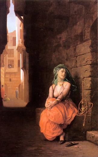 阿拉伯女孩与水管 Arab Girl with Waterpipe (1873)，让·莱昂·热罗姆