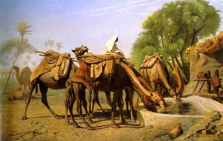 喷泉旁的骆驼 Camels at the Fountain，让·莱昂·热罗姆