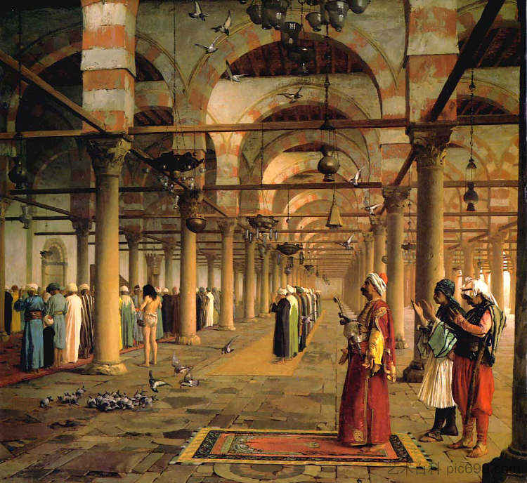 开罗阿穆尔清真寺的公开祈祷 Public Prayer in the Mosque of Amr, Cairo，让·莱昂·热罗姆