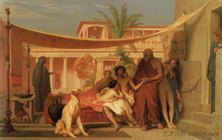 苏格拉底在阿斯帕西娅家族中寻找阿尔西比亚德斯 Socrates seeking Alcibiades in the House of Aspasia，让·莱昂·热罗姆