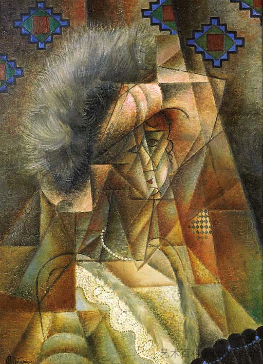 戴着粉红色帽子和珍珠项链的女人 Femme au chapeau rose et collier de perles (1912)，让·梅金杰