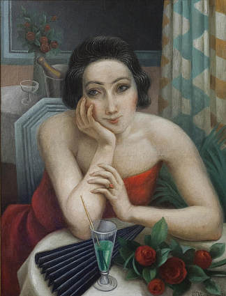 沉思的年轻女子与红玫瑰 Jeune Femme Pensive aux Roses Rouges (1923)，让·梅金杰