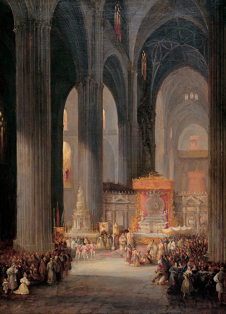 塞维利亚大教堂内的科珀斯克里斯蒂游行 The Corpus Christi Procession Inside Seville Catedral (1835),耶纳罗·佩雷斯·维拉米尔