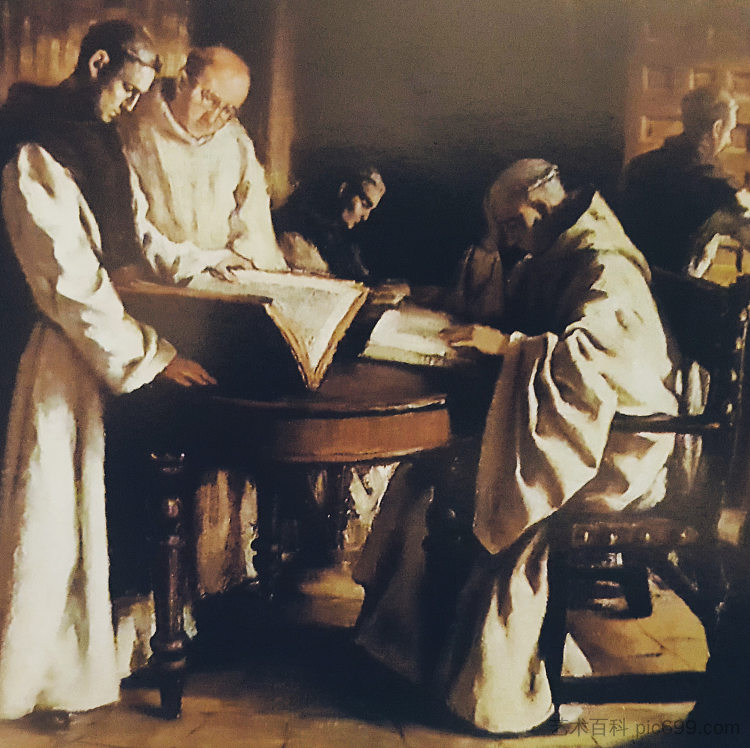 图书馆里的僧侣 Monks in the library (1949; Spain  )，耶稣·梅内塞斯·德尔·巴尔可