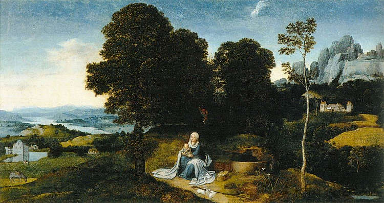 飞往埃及的风景 Landscape with The Flight into Egypt (1515 - 1516)，约阿希姆·帕蒂尼尔