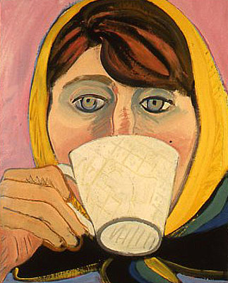 围巾喝茶的自画像 Self-Portrait in Scarf Drinking Tea (1972)，琼布朗