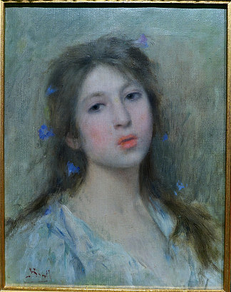 蓝色花朵的小女孩 Little girl with blue flowers (c.1890)，琼·布鲁尔