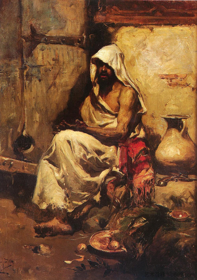 一名阿拉伯人正在检查手枪 An Arab Examining a Pistol (1881; Spain  )，华金·索罗拉