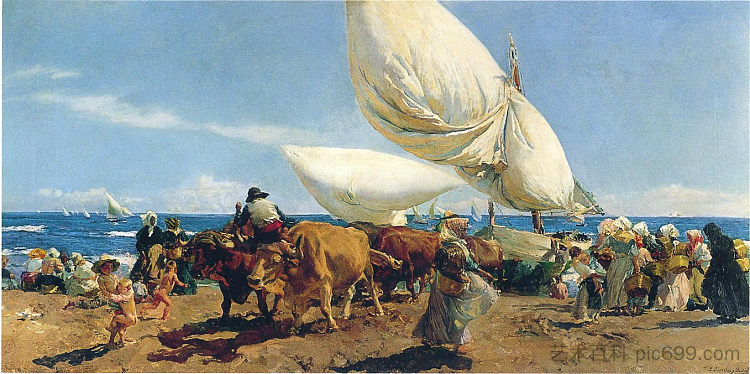 渔船抵达瓦伦西亚海滩 Arrival of the Fishing Boats on the beach, Valencia (1898; Spain  )，华金·索罗拉