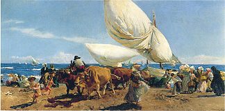 渔船抵达瓦伦西亚海滩 Arrival of the Fishing Boats on the beach, Valencia (1898; Spain                     )，华金·索罗拉