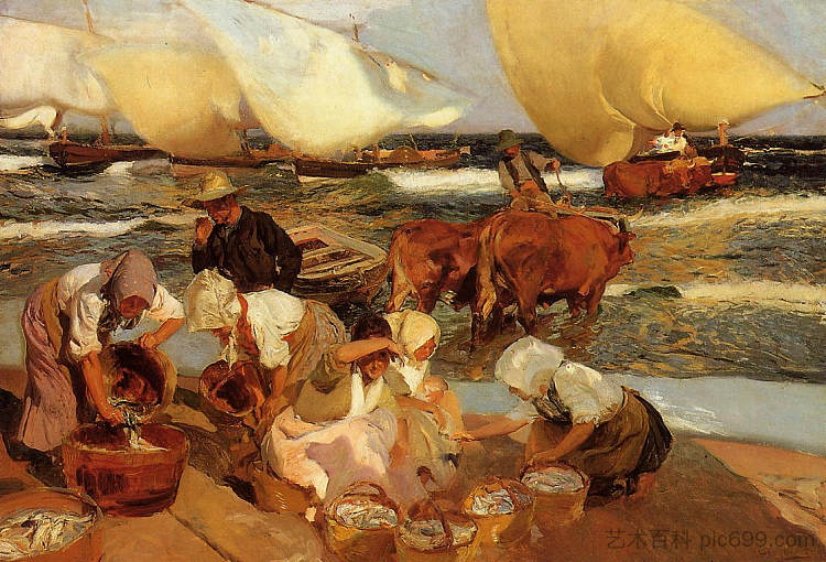 瓦伦西亚海滩 Beach at Valencia (1908; Spain  )，华金·索罗拉