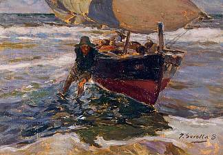 搁浅的船（书房） Beaching the Boat (study) (1908; Spain                     )，华金·索罗拉