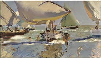 海滩上的船 Boats on the beach (1909; Spain                     )，华金·索罗拉