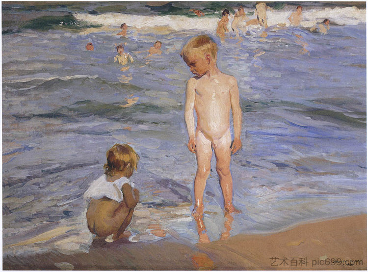 孩子们沐浴在午后的阳光下 Children bathing in the afternoon sun (1910; Spain  )，华金·索罗拉