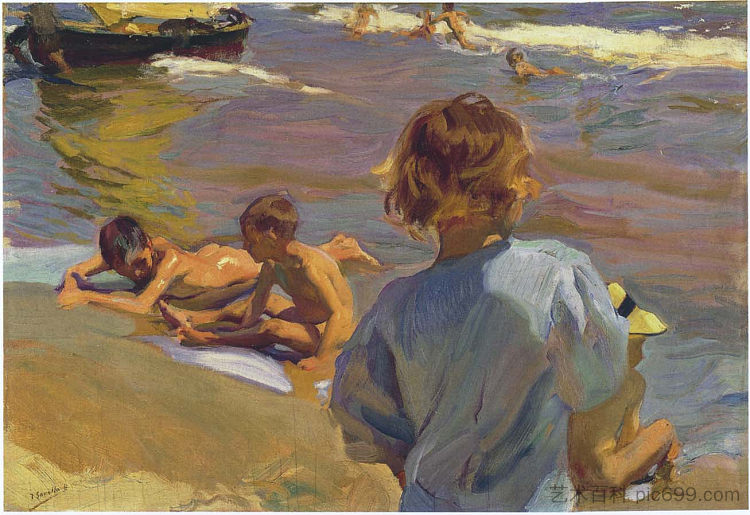 海滩上的儿童，瓦伦西亚 Children on the Beach, Valencia (1916; Spain  )，华金·索罗拉