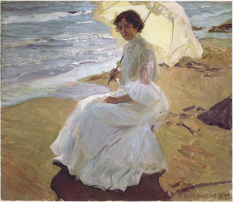 海滩上的布莱迪尔德 Clothilde at the Beach (1904; Spain  )，华金·索罗拉