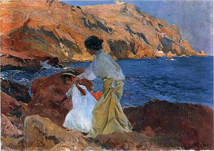 克洛蒂尔德和埃琳娜在哈维亚的岩石上 Clotilde and Elena on the Rocks at Javea (1905; Spain  )，华金·索罗拉