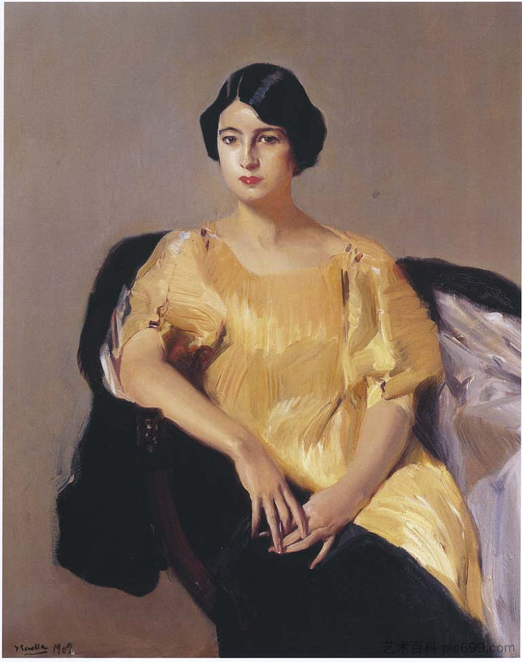 穿着黄色束腰外衣的埃琳娜 Elena in a yellow tunic (1909; Spain  )，华金·索罗拉