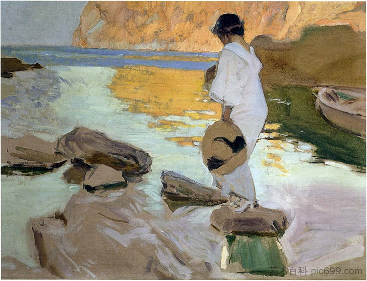 埃琳娜在海湾，马略卡岛的圣维森特 Elena in cove, San Vicente at Majorca (1919; Spain  )，华金·索罗拉