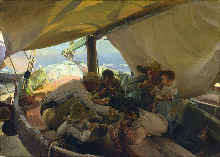 在船上享用午餐 Lunch on the Boat (1898; Spain  )，华金·索罗拉