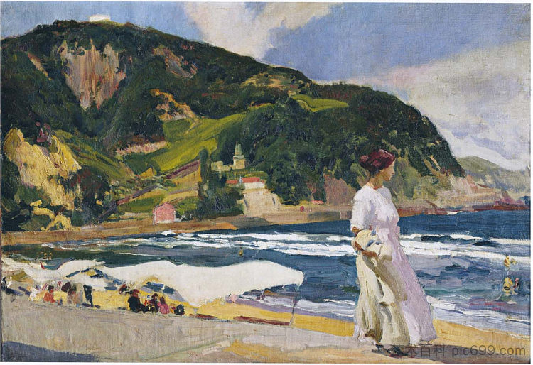 海滩上的玛丽亚，扎劳兹 Maria on the beach, Zarauz (1910; Spain  )，华金·索罗拉