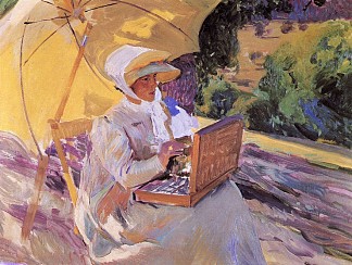 玛丽亚在埃尔帕尔多的绘画 Maria Painting in El Pardo (1907; Spain                     )，华金·索罗拉