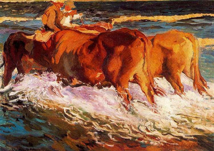 海里的牛，为“午后的太阳”而学习 Oxen in the sea, study for “Sun of afternoon” (1903; Spain  )，华金·索罗拉