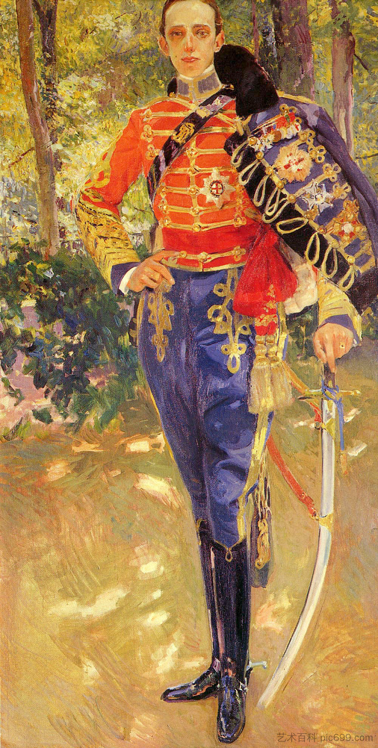 身穿骠骑兵制服的阿方索十三世国王肖像 Portrait of King Alfonso XIII in the uniform of the hussars (1907; Spain  )，华金·索罗拉