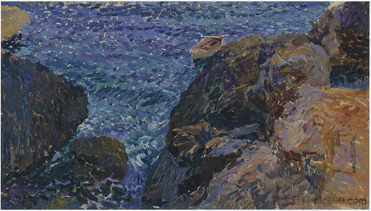 哈维亚的岩石，白船 Rocks at Javea, The White Boat (1905; Spain  )，华金·索罗拉