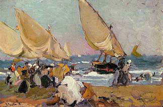 微风拂面的帆船，瓦伦西亚 Sailing Vessels on a Breezy Day, Valencia (c.1908; Spain                     )，华金·索罗拉