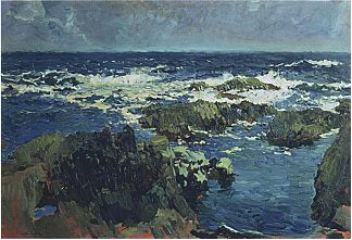 阿斯图里亚斯圣埃斯特万的大海和岩石 Sea and rocks in San Esteban, Asturias (1903; Spain                     )，华金·索罗拉