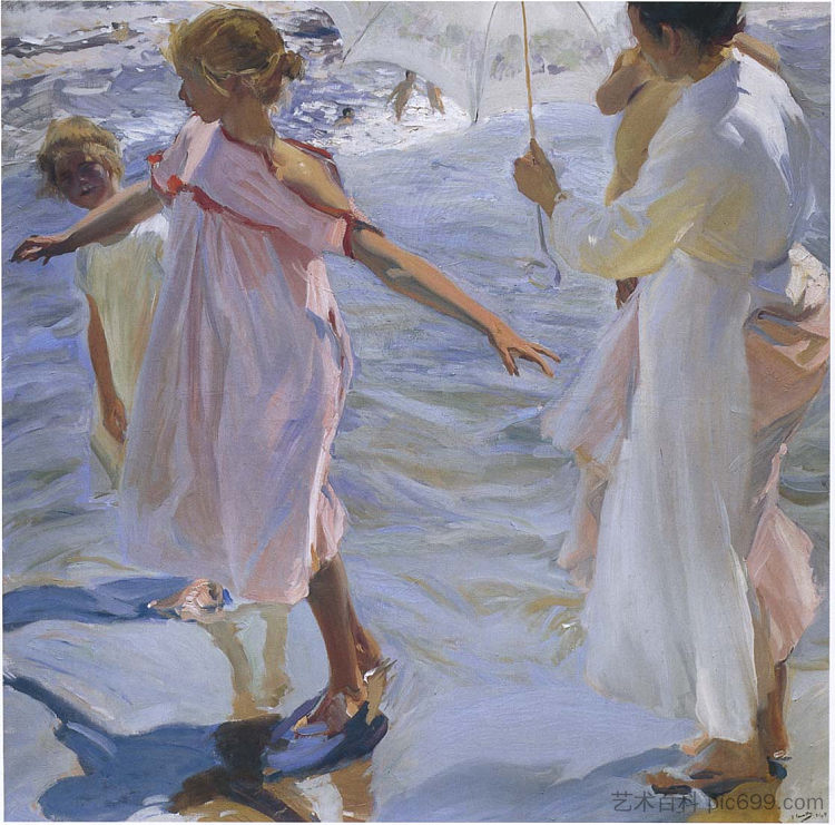 沿着海边漫步 Strolling along the seashore (1909; Spain  )，华金·索罗拉